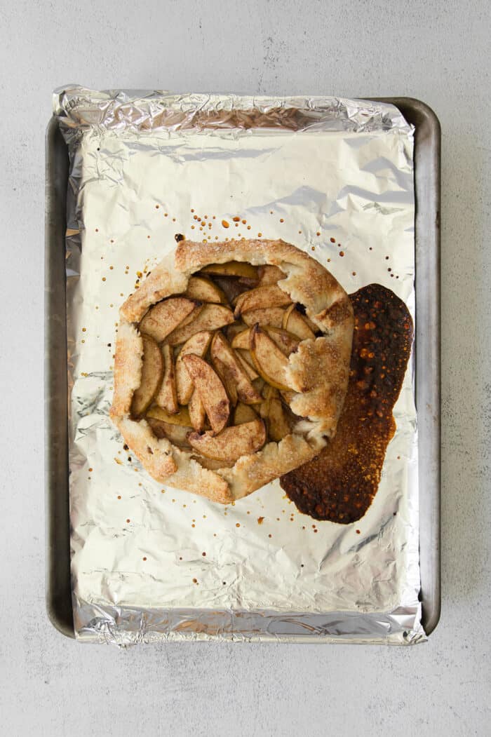 Baked apple almond galette on foil