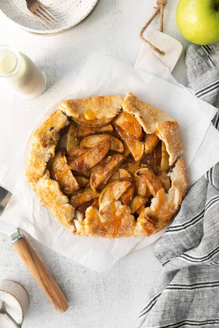 Overhead view of an apple almond galette