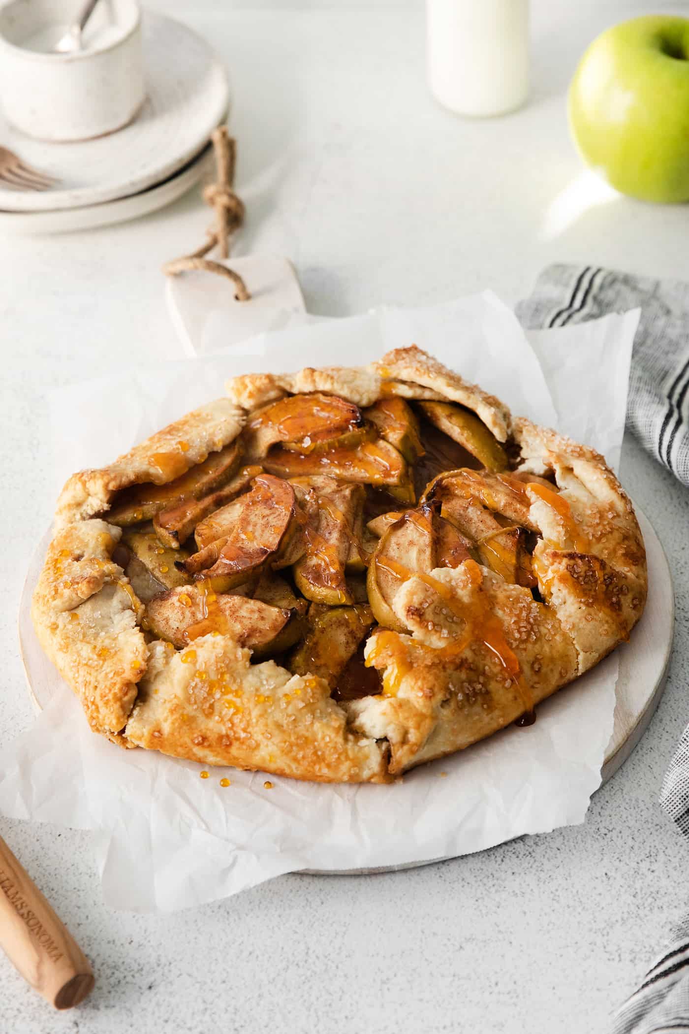 Apple galette on a serving tray