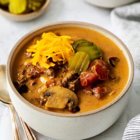 Overhead view of a bowl of cheeseburger soup