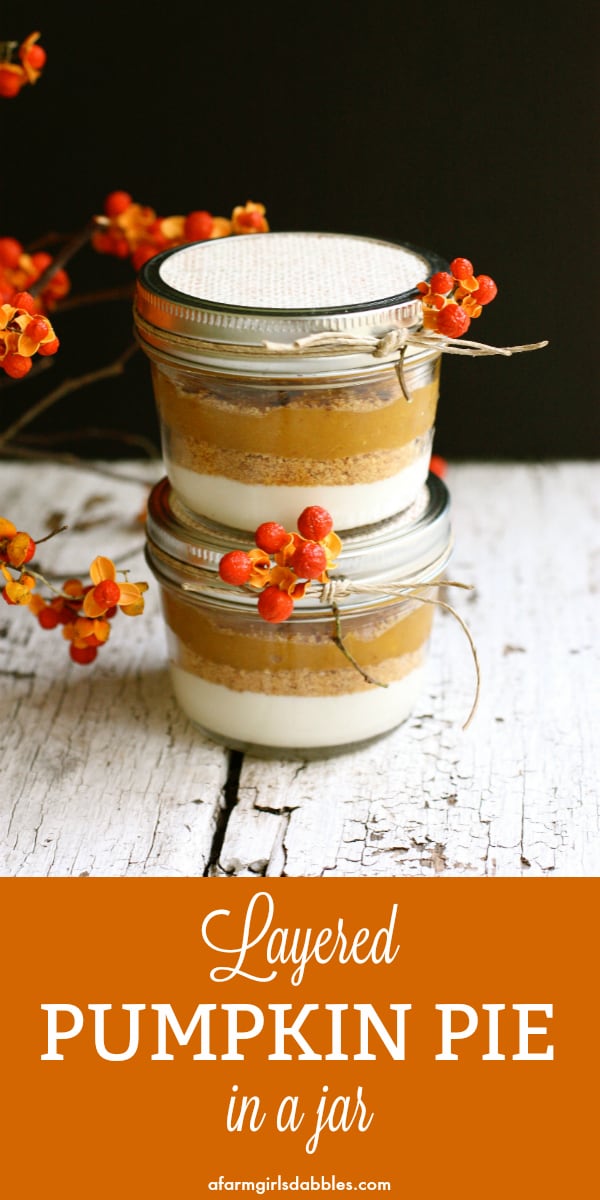 pinterest image of Layered Pumpkin Pie in a Jar stacked together