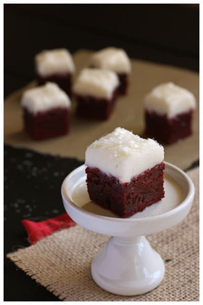 red velvet brownie bites with cream cheese frosting