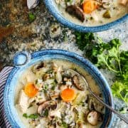 Overhead view of two blue bowls of chicken wild rice soup.