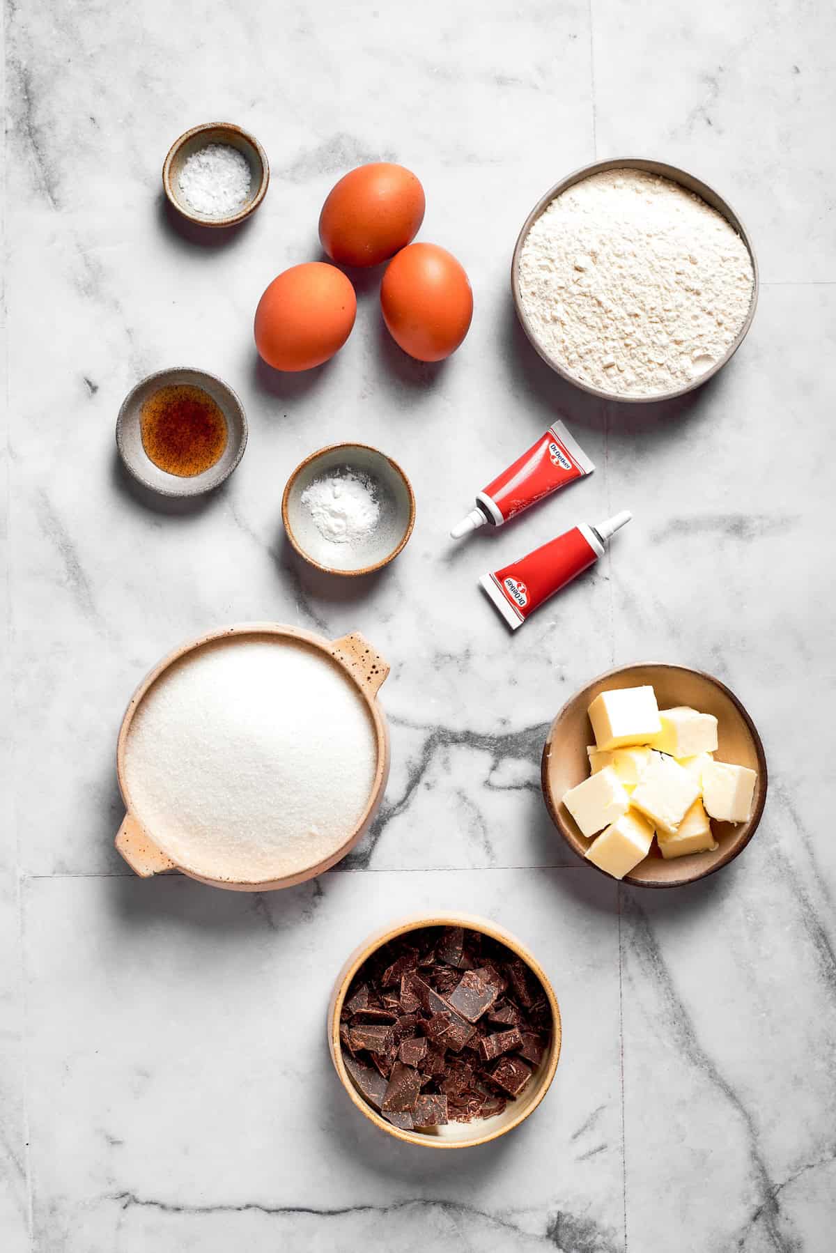 Overhead view of ingredients for red velvet brownies