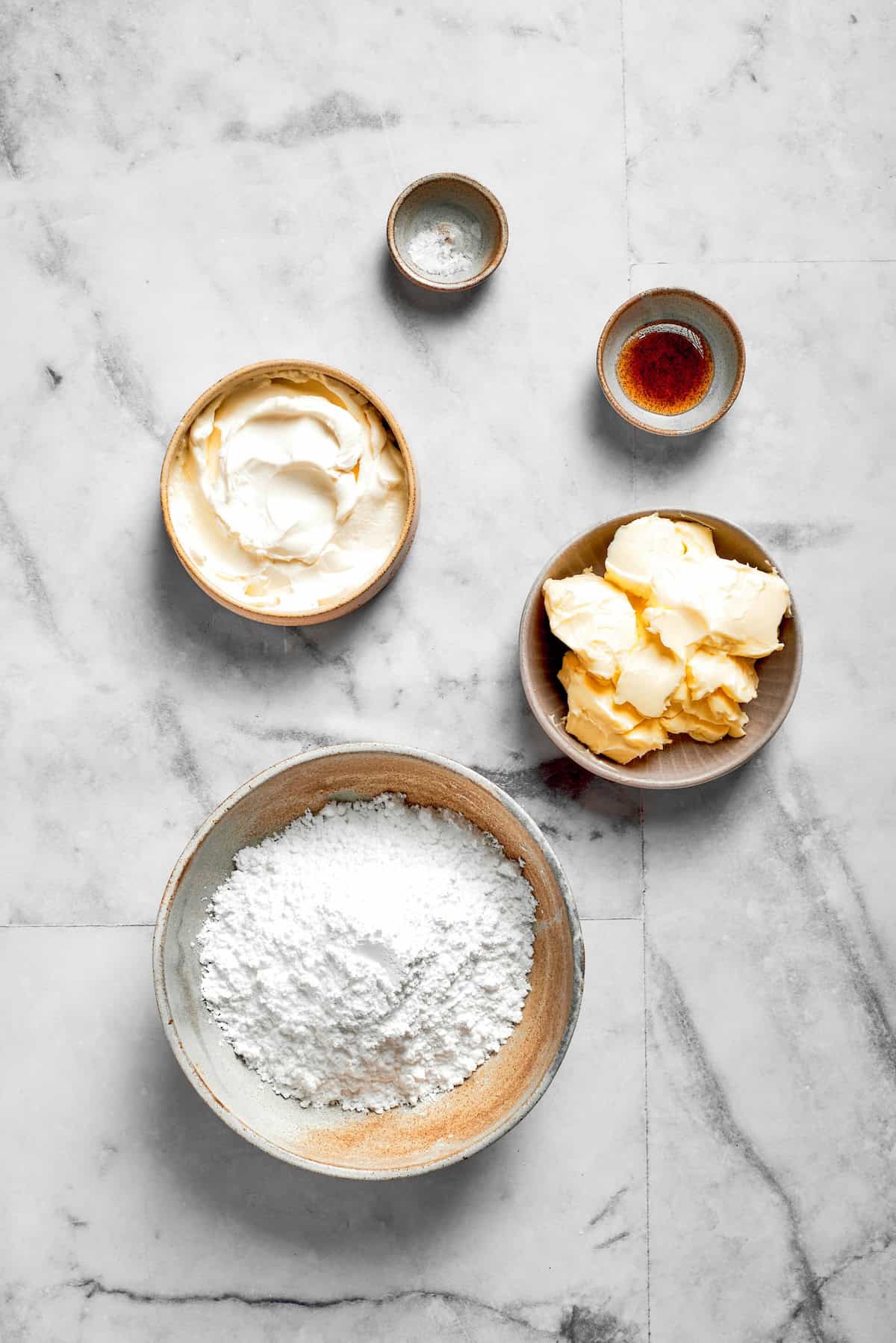 Overhead view of ingredients for cream cheese frosting