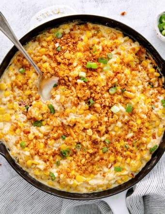 Overhead view of skillet scalloped corn