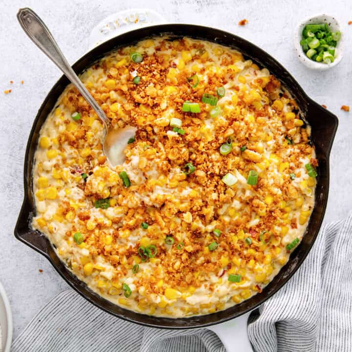 Overhead view of skillet scalloped corn