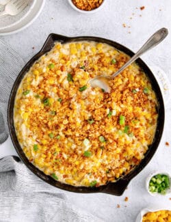 Overhead view of cheesy skillet scalloped corn