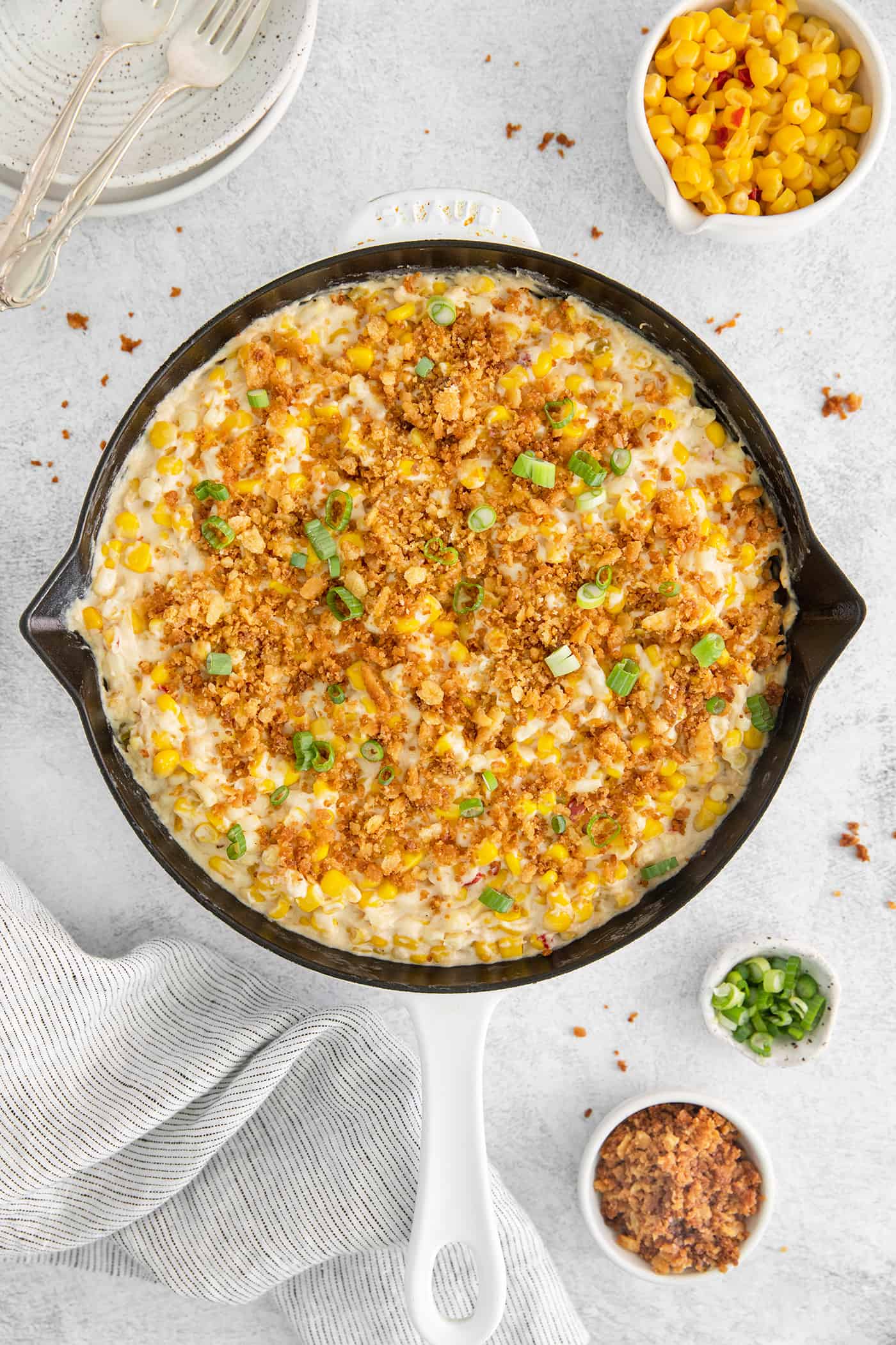 Overhead view of skillet corn