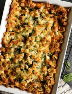 overnight egg bake in a white baking dish