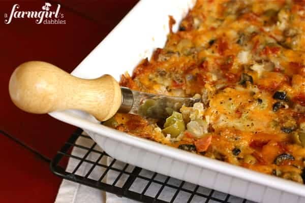 Pizza Dip in a white baking dish