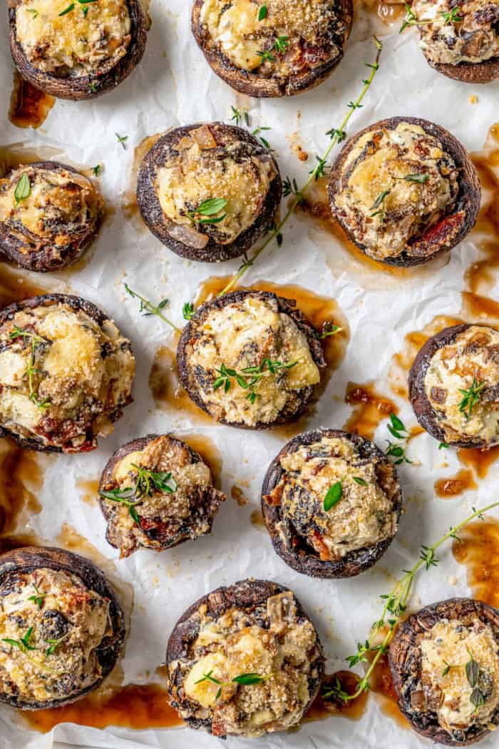 Overhead view of bacon stuffed mushrooms with blue cheese