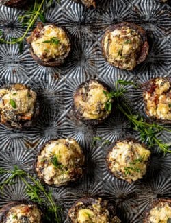 Overhead view of stuffed mushrooms with bacon and blue cheese