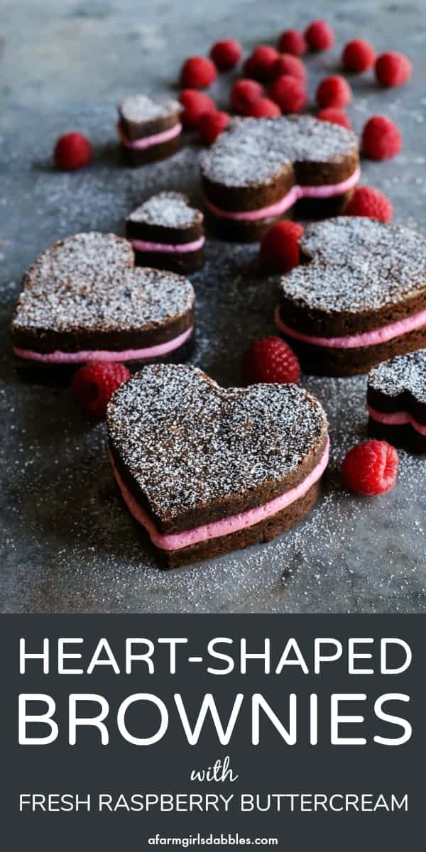 pinterest image of heart shaped brownies and real raspberry buttercream