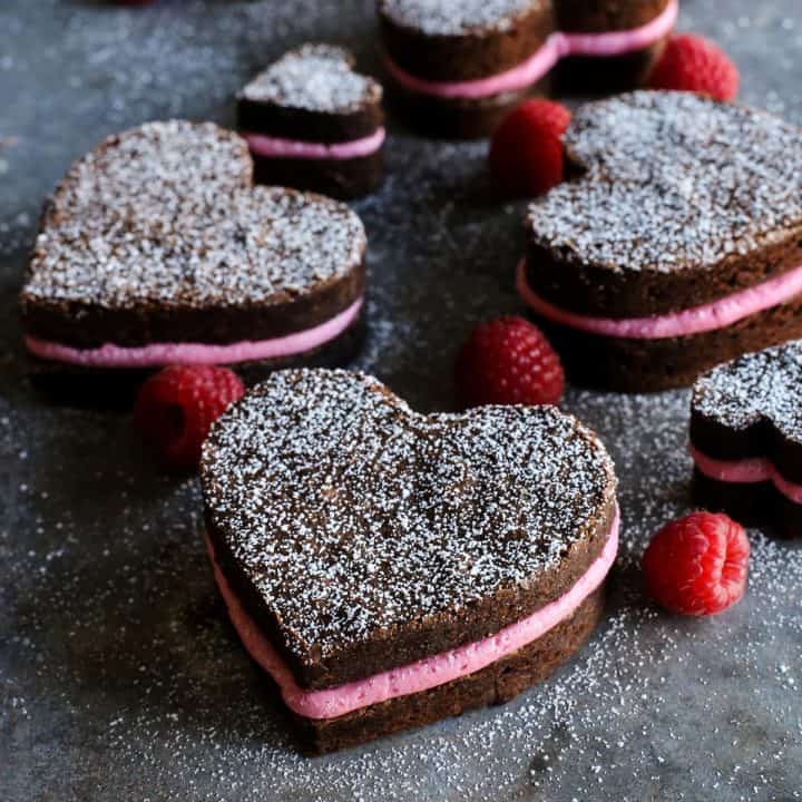 heart shaped brownies with raspberry frosting