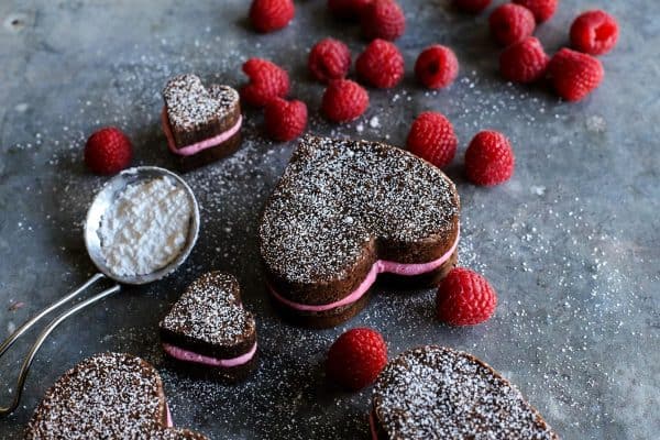 heart shaped chocolate brownies with homemade raspberry buttercream  