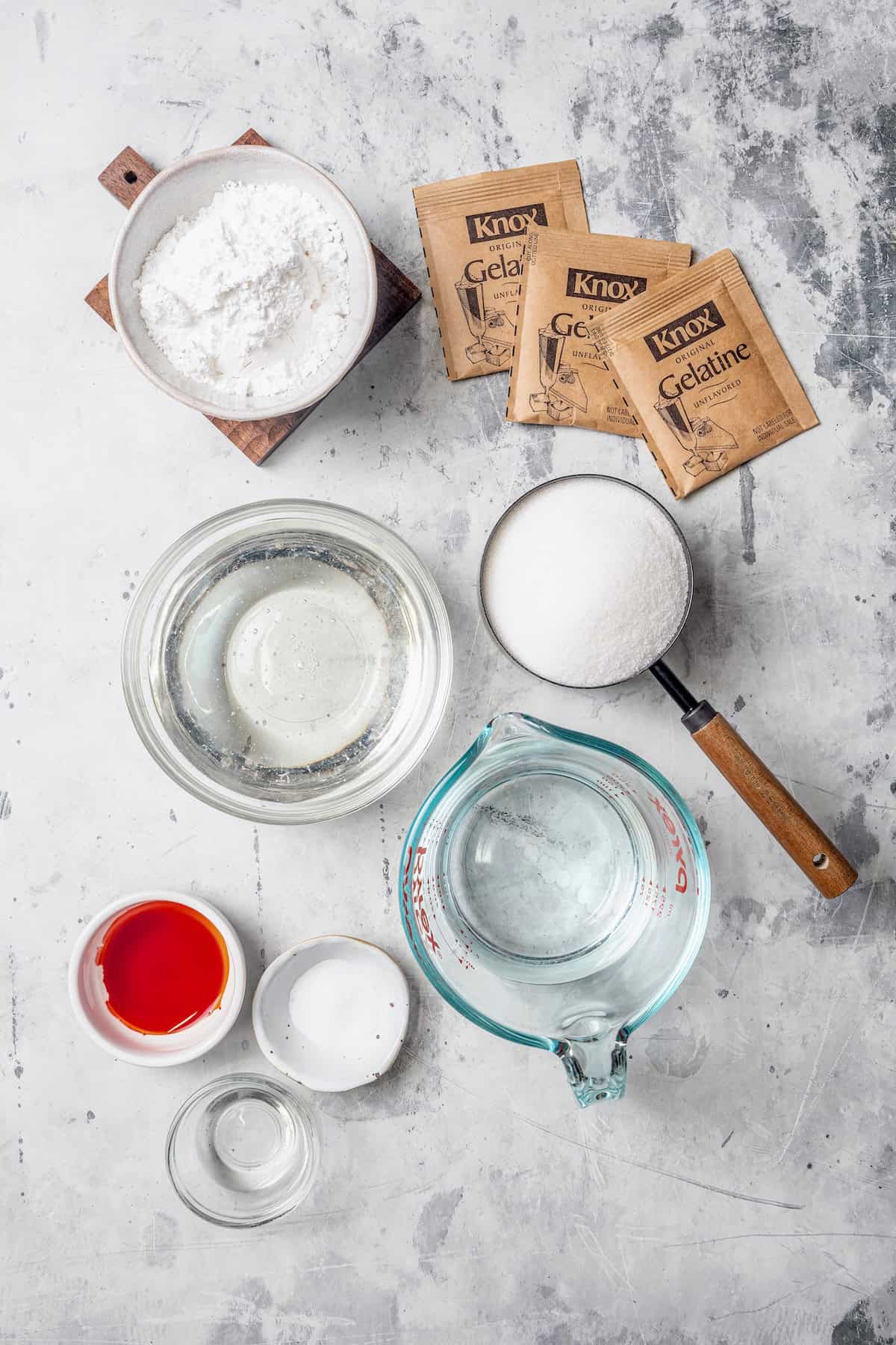 Overhead view of ingredients for marshmallow hearts