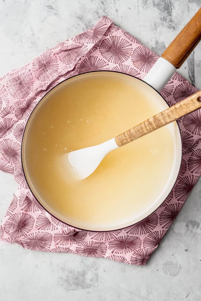 Overhead view of syrup for marshmallows in pan