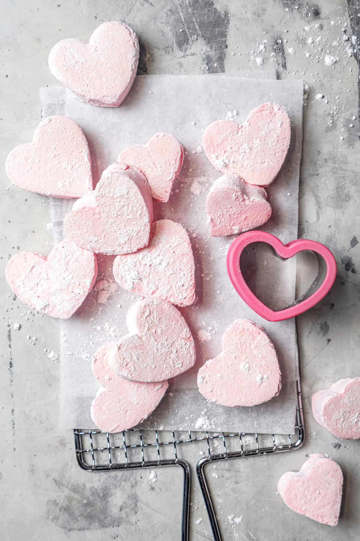 Homemade marshmallow hearts with heart-shaped cutter