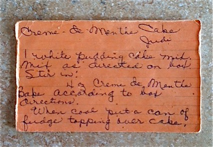 handwritten recipe card for creme de menthe cake