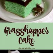 pinterest image of grasshopper cake with layers of mint cake, chocolate fudge, and minty whipped cream