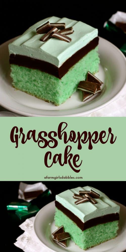 pinterest image of grasshopper cake with layers of mint cake, chocolate fudge, and minty whipped cream