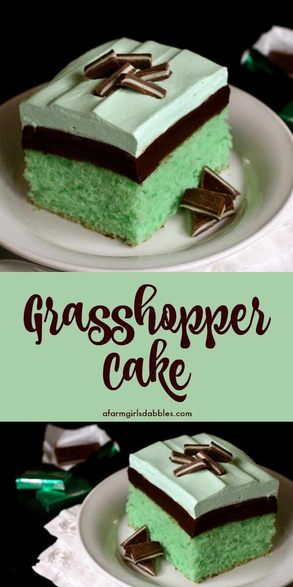 pinterest image of grasshopper cake with layers of mint cake, chocolate fudge, and minty whipped cream