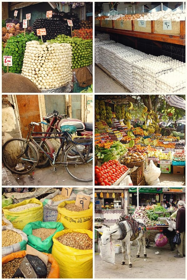 a collage of photos from a market in egypt