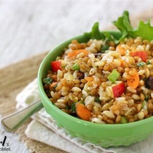 A bowl of three grain and vegetable salad.