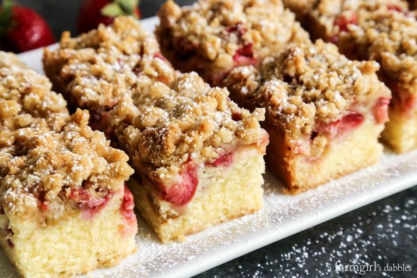 a serving tray of Strawberry Rhubarb Crumb Bars