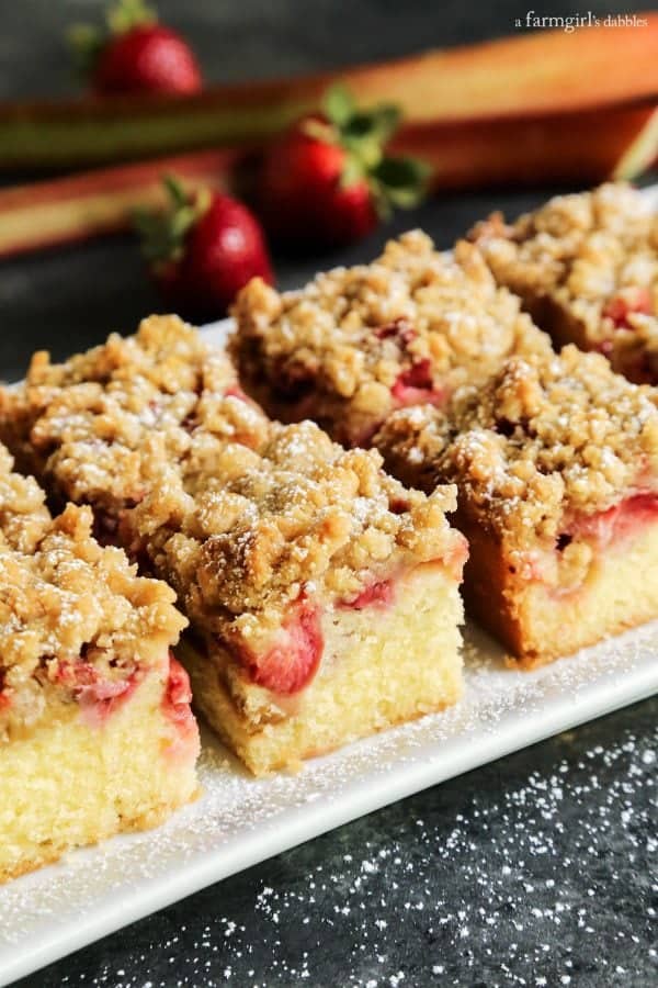 Strawberry Rhubarb Crumb Bars on a white platter