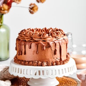 Whole dark chocolate cake with chile chocolate buttercream on cake stand.