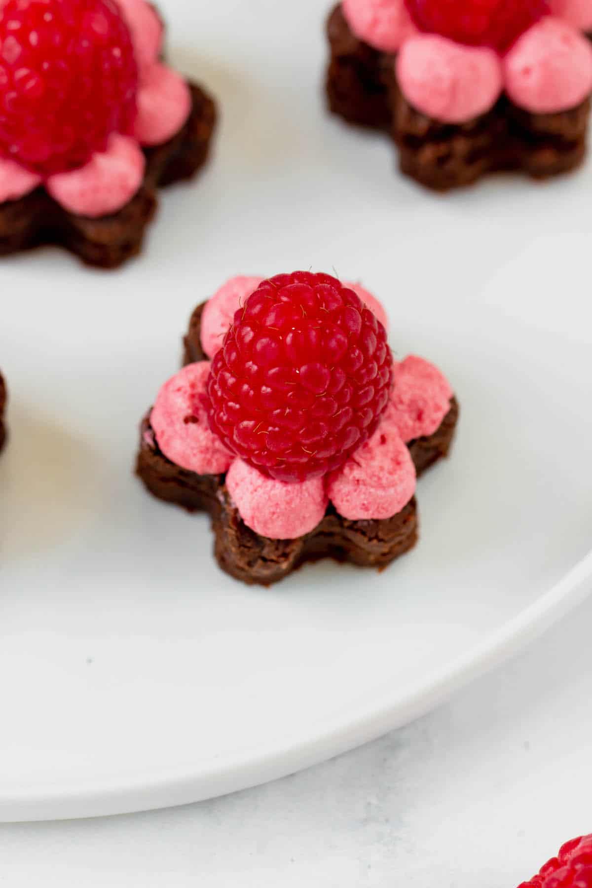 Close-up of a brownie bite with raspberry frosting