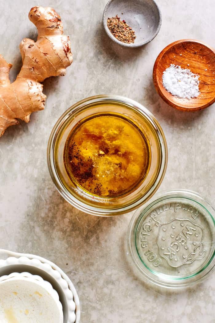 Ginger dressing in jar before emulsifying.