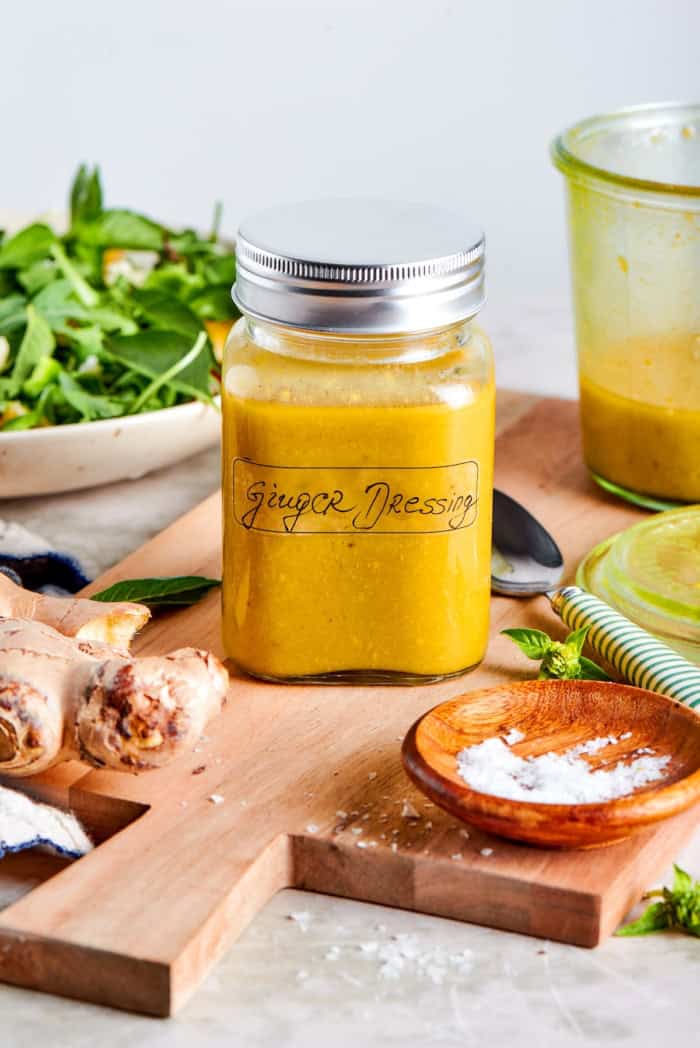 Jar of fresh ginger dressing.