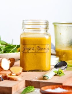 Jar of homemade ginger dressing.