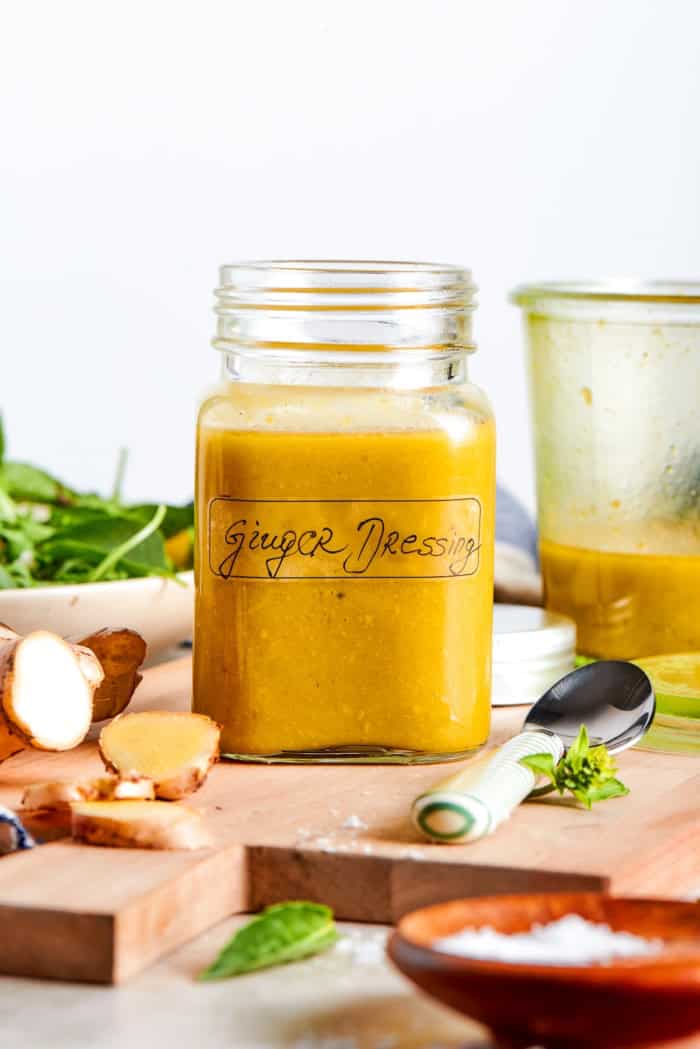 Jar of homemade ginger dressing.