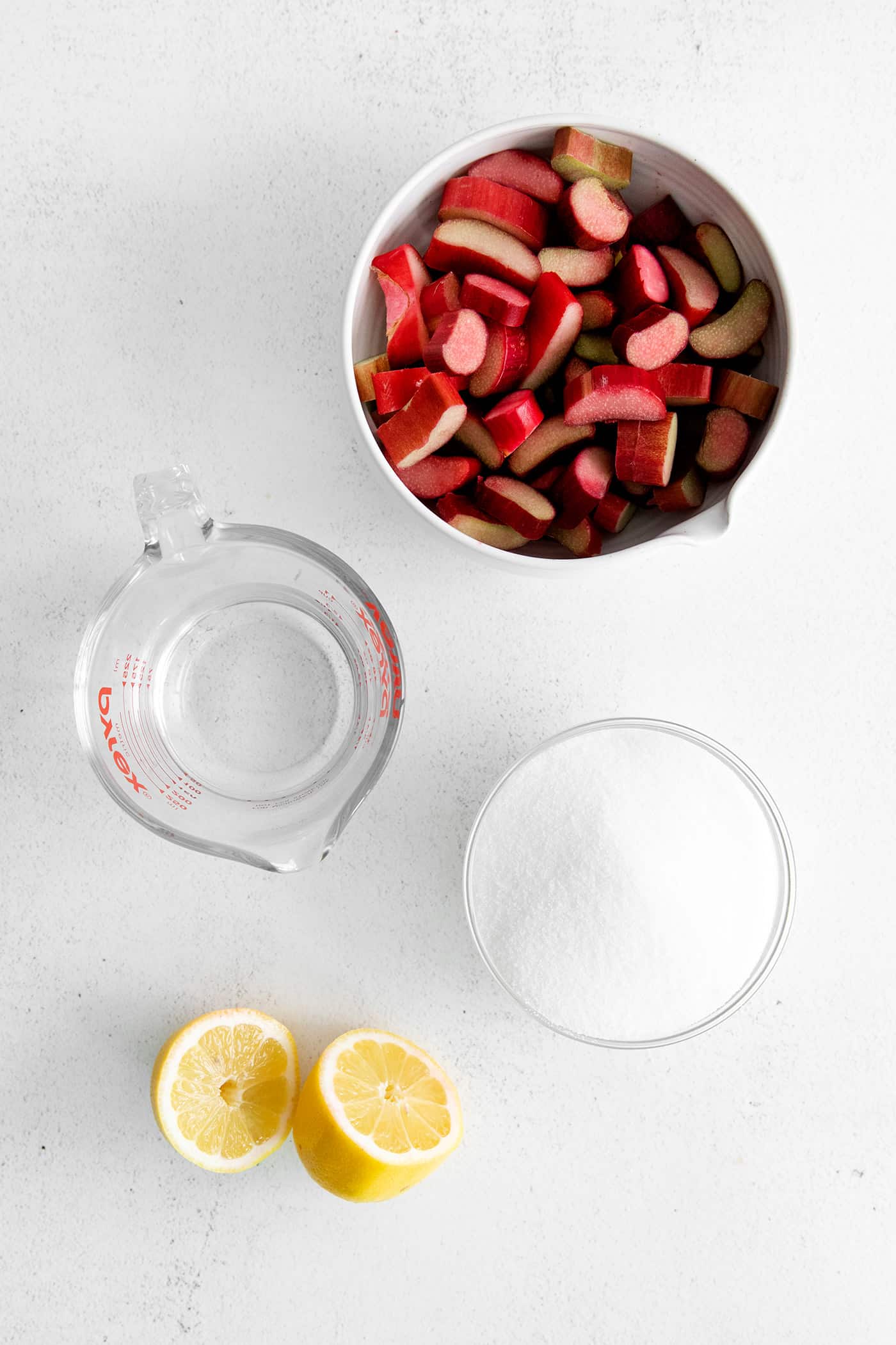 Overhead view of rhubarb simple syrup ingredients