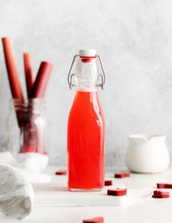A bottle of rhubarb simple syrup