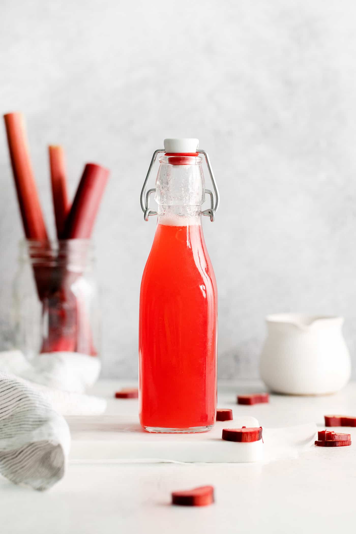 A bottle of rhubarb simple syrup