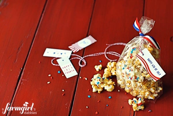 a gift bag of red, white, and blue popcorn
