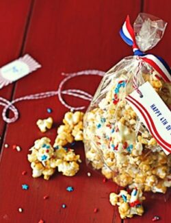 a gift bag of red, white, and blue popcorn