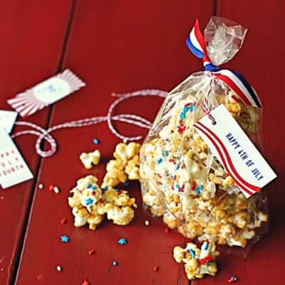 a gift bag of red, white, and blue popcorn