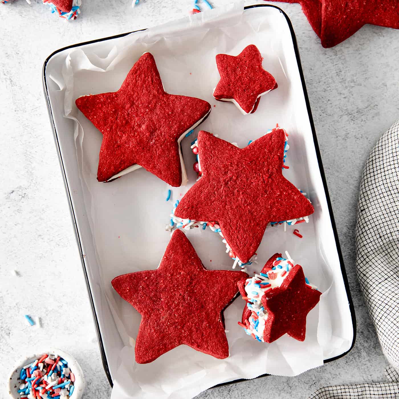 Patriotic ice cream sandwiches on a baking sheet