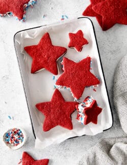 Patriotic ice cream sandwiches on a baking sheet