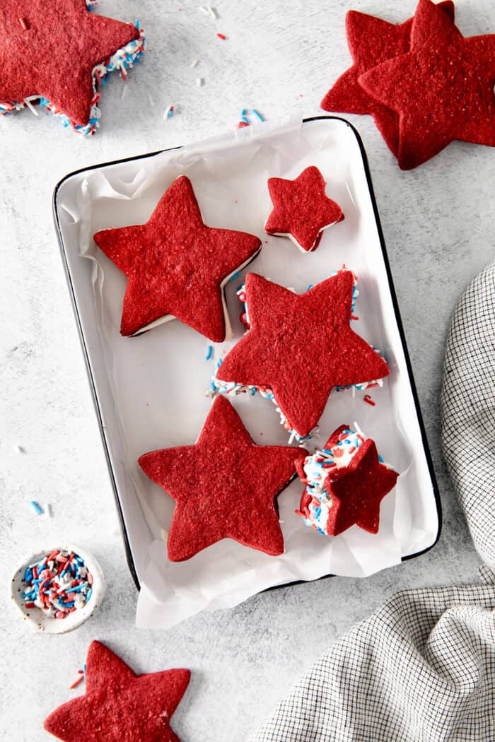 Patriotic ice cream sandwiches on a baking sheet