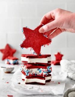 A stack of star shaped patriotic ice cream sandwiches