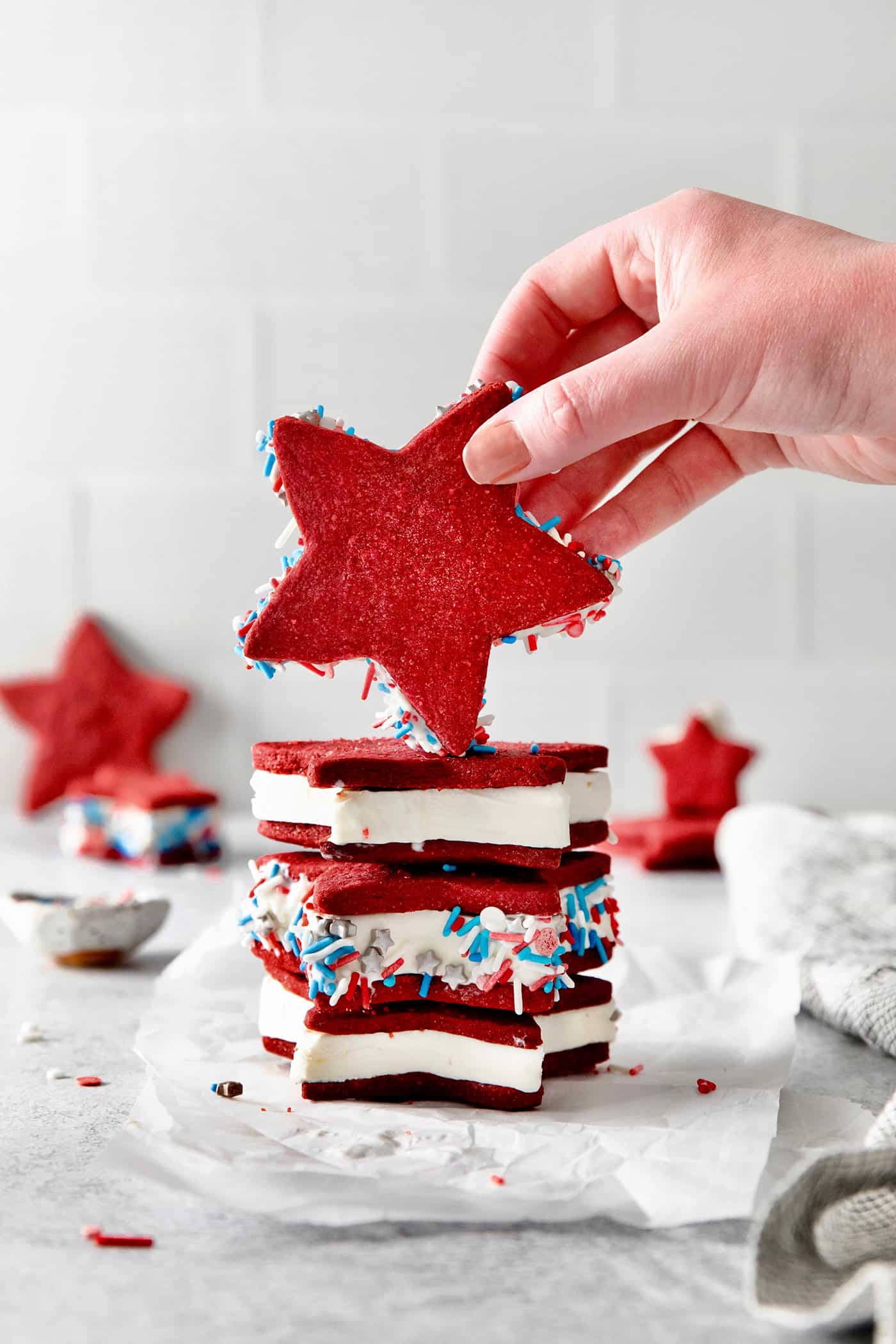 A stack of star shaped patriotic ice cream sandwiches