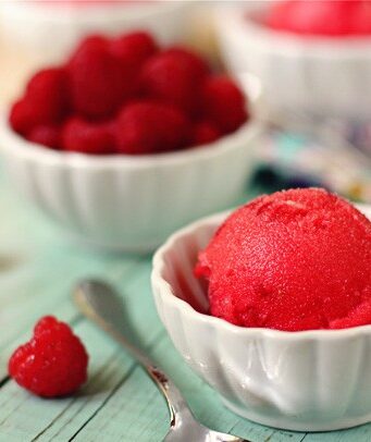 a white dish of raspberry sorbet