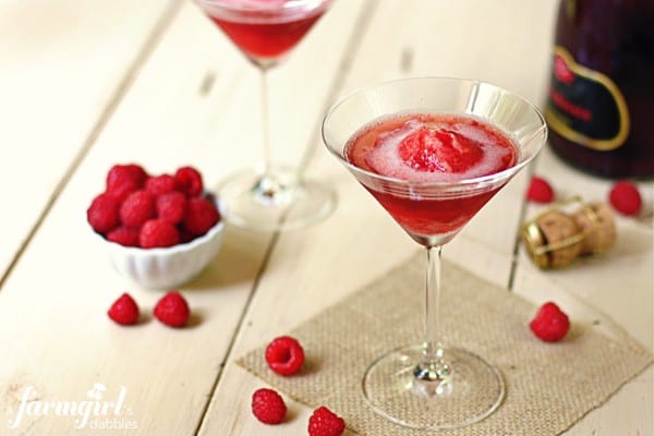a martini glass with raspberries sorbet